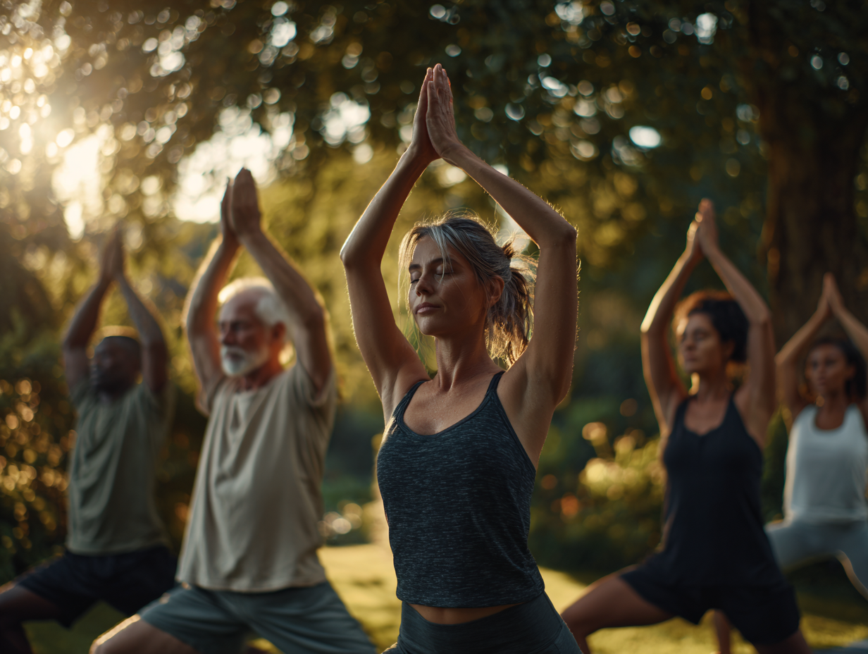 Persona practicando yoga en posición de equilibrio al amanecer